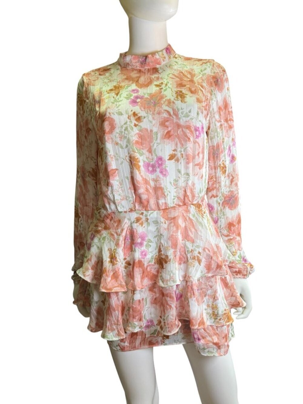 Endless Rose Womens Floral Long-Sleeve Ruffle Romper Open Back Detail M NWT